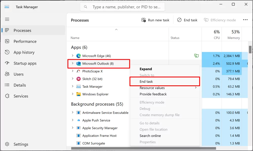 buộc-đóng-microsoft-outlook-windows-task-manager - Bộ phận trợ giúp Geek Các bước để buộc đóng Microsoft Outlook trong Windows Task Manager