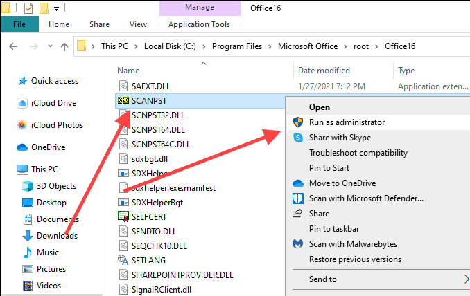 01-Open-SCANPST - Bộ phận trợ giúp Geek Công cụ sửa chữa hộp thư đến Outlook (SCANPST) trong Windows File Explorer