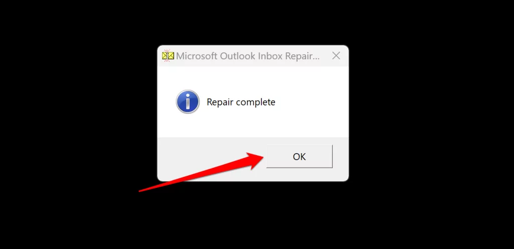 repair-pst-file-outlook-windows-11 - Bộ phận trợ giúp Geek "Sửa chữa hoàn tất" thông báo bật lên trên Công cụ sửa chữa hộp thư đến của Microsoft Outlook