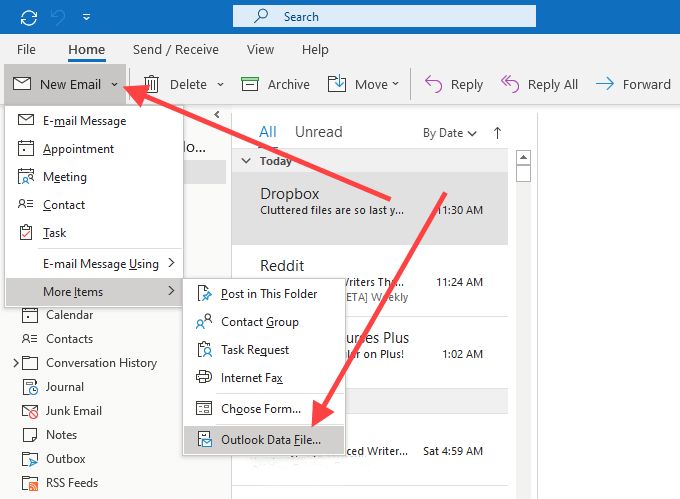 04-New-Email-Menu - Bộ phận trợ giúp Geek Các bước để tạo Tệp Dữ liệu Outlook mới