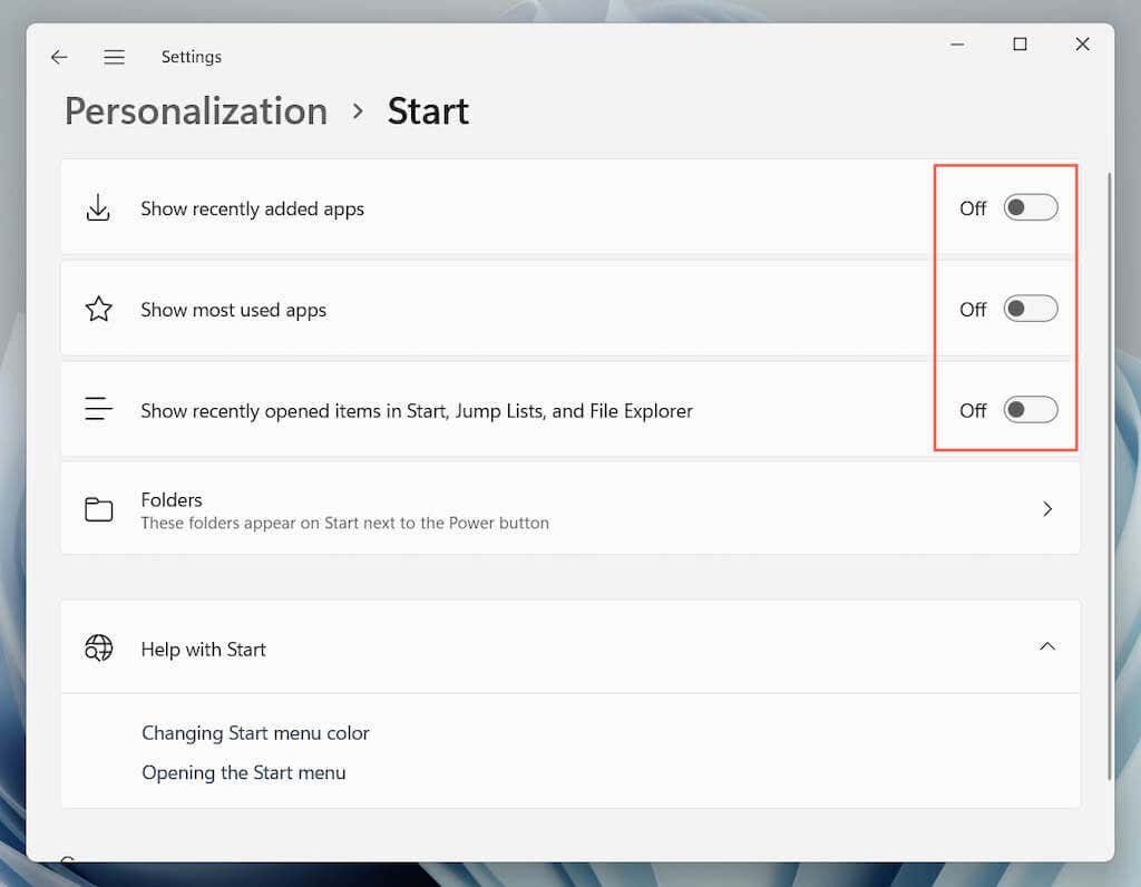 02-Menu-Start-Đề xuất - Help Desk Geek Cách tùy chỉnh Start Menu Windows 11 hình 3