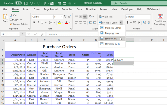 hợp nhất các ô theo chiều dọc - Help Desk Geek Cách Gộp Ô, Cột, Hàng Trong Excel Hình 7