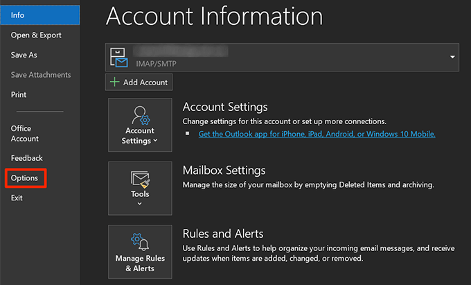 Outlook-options-menu - Bộ phận trợ giúp Geek Cách khắc phục Outlook bị kẹt khi tải ảnh hồ sơ 14