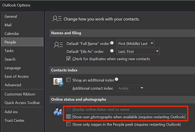 vô hiệu hóa-hiện diện-tùy chọn - Help Desk Geek Cách khắc phục Outlook bị kẹt khi tải ảnh hồ sơ 15