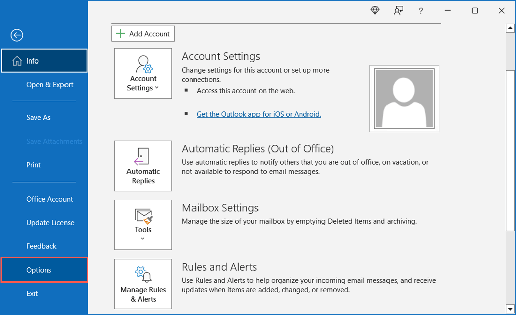 cách thay đổi mặc định-trình duyệt-trong-outlook-2-nén - Bộ phận trợ giúp Geek Các tùy chọn trong menu File Outlook trên Windows