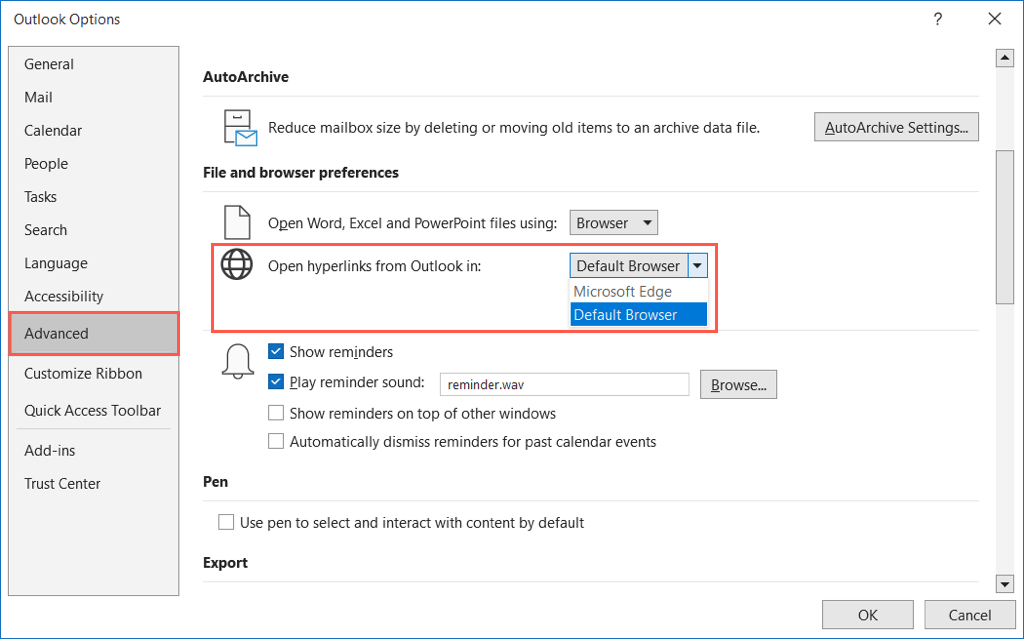 cách thay đổi mặc định-trình duyệt-trong-outlook-3-nén - Bộ phận trợ giúp Geek Tùy chọn trình duyệt mặc định trong Outlook trên Windows