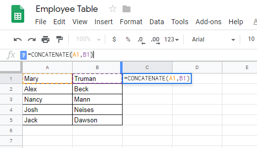 bảng đơn giản - Help Desk Geek Cách sử dụng hàm CONCATENATE trong Google Sheets ảnh 2