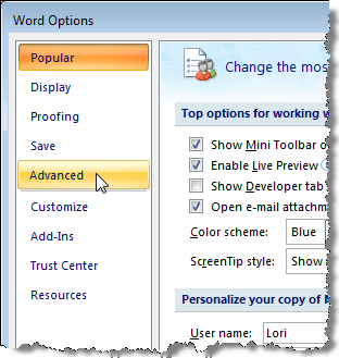 Thay đổi đơn vị đo lường trong Microsoft Word 4 Chọn Nâng cao trên hộp thoại Tùy chọn Word