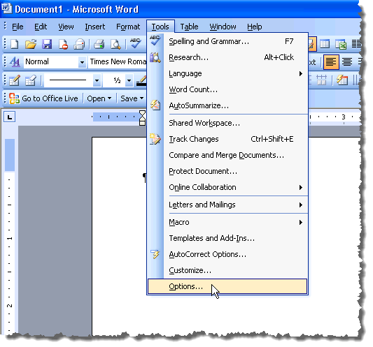 Thay đổi đơn vị đo lường trong Microsoft Word 8 Chọn Tùy chọn từ menu Công cụ trong Word 2003