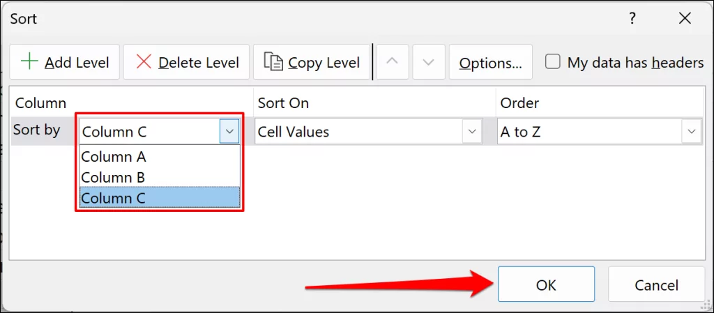xóa-blank-rows-in-microsoft-excel - Bộ phận trợ giúp Geek Tạo quy tắc sắp xếp trong Excel "Sắp xếp theo" cột