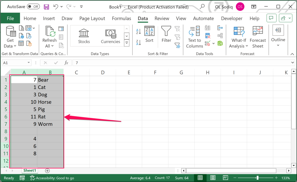 trống-hàng-microsoft-excel - Bộ phận trợ giúp Geek Excel columns với số ngẫu nhiên, động vật và hàng trống