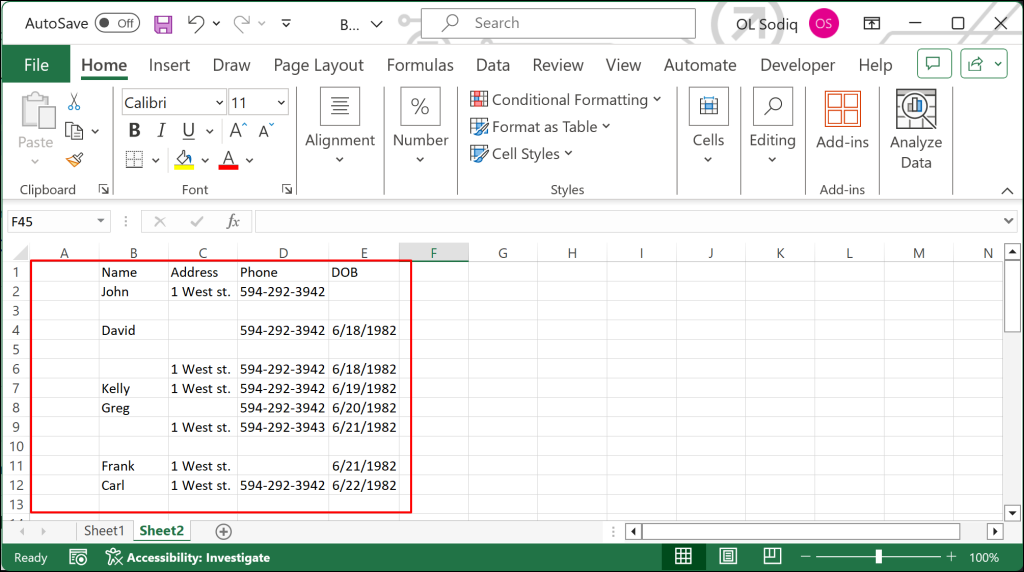 xóa-nhiều-trống-hàng-trong-excel - Help Desk Geek Bảng tính Excel hiển thị dữ liệu theo các tiêu đề sau: Tên, Địa chỉ, Điện thoại và Ngày sinh