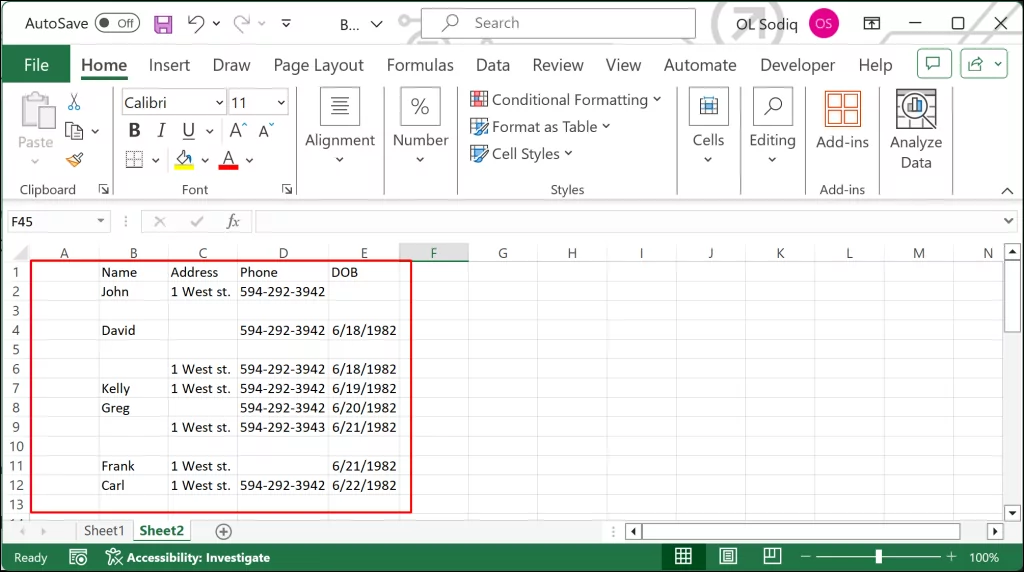 xóa-nhiều-trống-hàng-trong-excel - Help Desk Geek Bảng tính Excel hiển thị dữ liệu theo các tiêu đề sau: Tên, Địa chỉ, Điện thoại và Ngày sinh