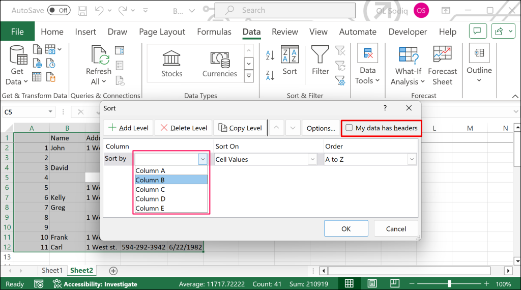 cách xóa-trống-hàng-trong-excel - Help Desk Geek Cửa sổ sắp xếp trong Excel làm nổi bật "Dữ liệu của tôi có tiêu đề" hộp kiểm và "Sắp xếp theo" tùy chọn