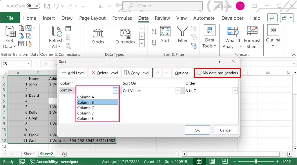 cách xóa-trống-hàng-trong-excel - Help Desk Geek Cửa sổ sắp xếp trong Excel làm nổi bật "Dữ liệu của tôi có tiêu đề" hộp kiểm và "Sắp xếp theo" tùy chọn