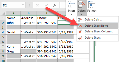 xóa các hàng trong trang tính - Help Desk Geek "Xóa hàng trang tính" tùy chọn trong tab Trang chủ Excel
