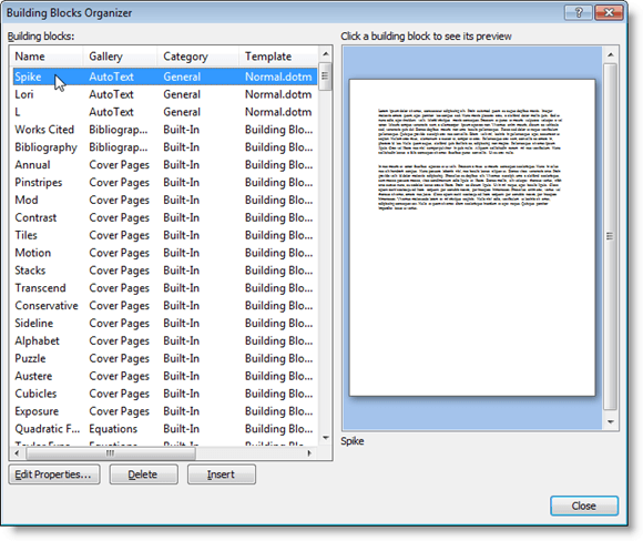 Sử dụng Spike để cắt và dán nhiều mục văn bản trong Word 7 Công cụ tổ chức khối xây dựng