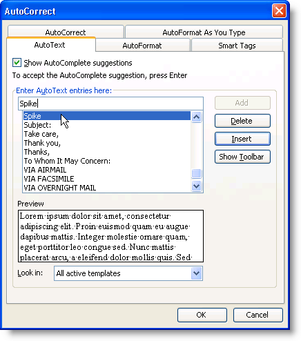 Hiển thị Spike trong Word 2003