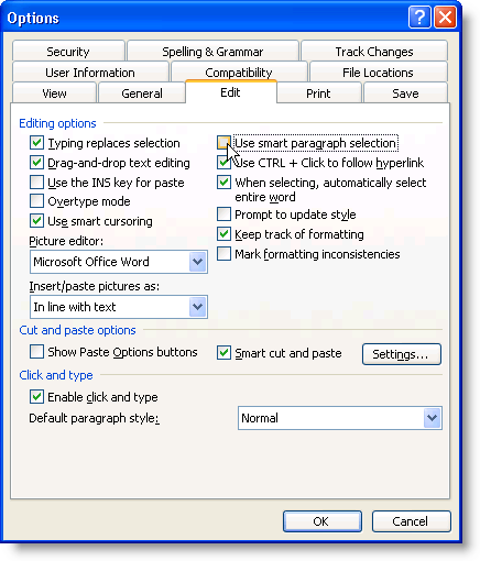 Sử dụng Spike để cắt và dán nhiều mục văn bản trong Word 15 Bỏ chọn Sử dụng lựa chọn đoạn văn thông minh trong Word 2003