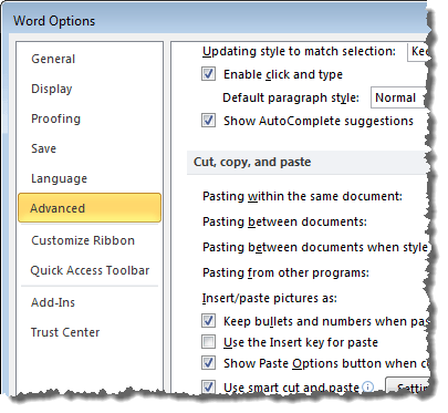 Dán văn bản vào Word không cần định dạng 6 Chọn phần Nâng cao
