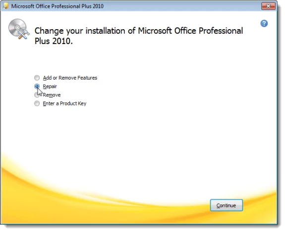 Chọn Sửa chữa cài đặt Microsoft Office 2010 của bạn