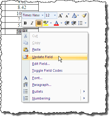 Cập nhật trường tổng trong Word 2007