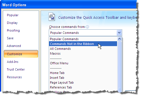 Chọn các lệnh không có trong Ribbon
