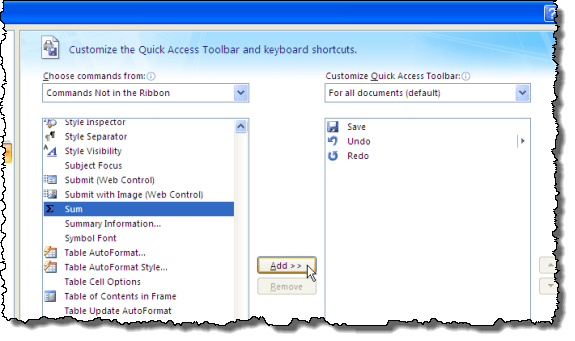 Thêm nút Tổng vào Thanh công cụ truy cập nhanh