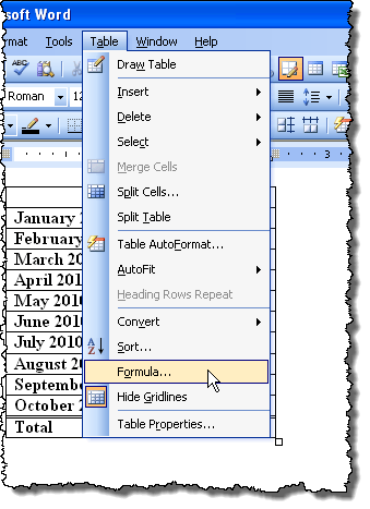 Chọn Công thức từ menu Bảng