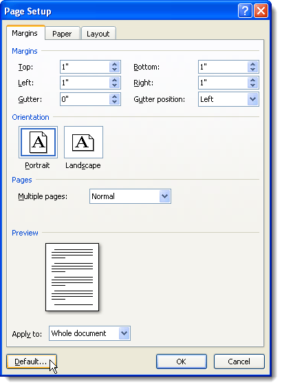 Thay đổi lề mặc định được sử dụng trong tài liệu Word mới 4 Bấm vào nút Mặc định trên tab Lề trong Word 2007