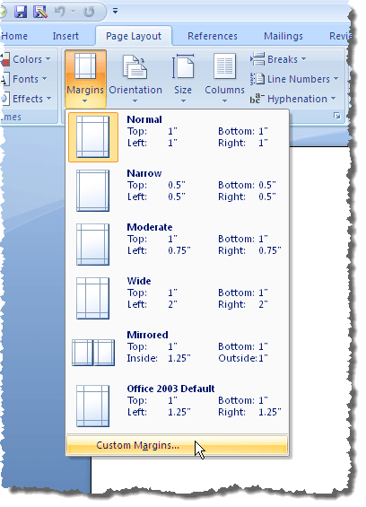 Thay đổi lề mặc định được sử dụng trong tài liệu Word mới 2 Chọn lề tùy chỉnh trong Word 2007