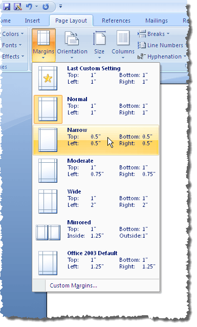 Thay đổi lề mặc định được sử dụng trong tài liệu Word mới 7 Chọn lề tạm thời trong Word 2007
