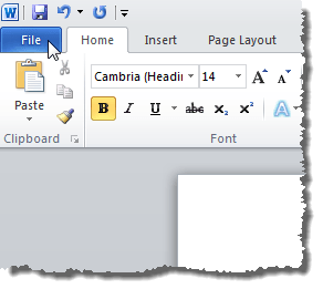 Bấm vào tab Tệp trong Word 2010 Bấm vào tab Tệp trong Word 2010