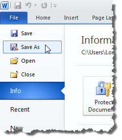 Chọn Save As trên tab File trong Word 2010 Chọn Save As trên tab File trong Word 2010