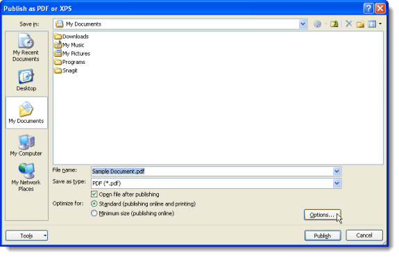 Nhấp vào nút Tùy chọn trên hộp thoại Xuất bản dưới dạng PDF của XPS Nhấp vào nút Tùy chọn trên hộp thoại Xuất bản dưới dạng PDF của XPS