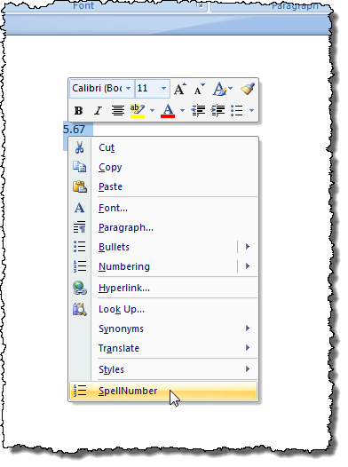 Chọn SpellNumber từ menu bật lên Chọn SpellNumber từ menu bật lên