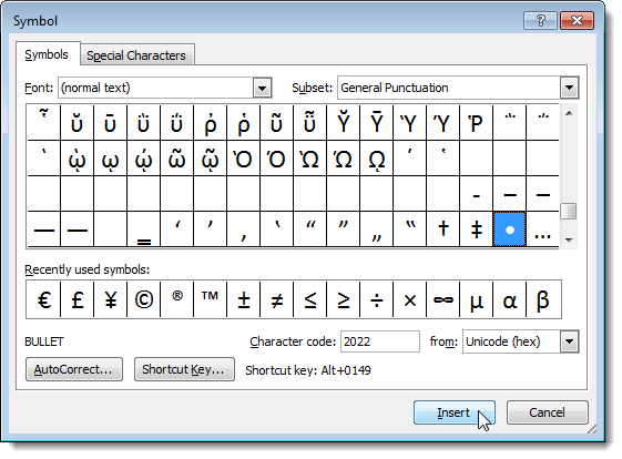 Chọn một dấu đầu dòng và nhấp vào Chèn