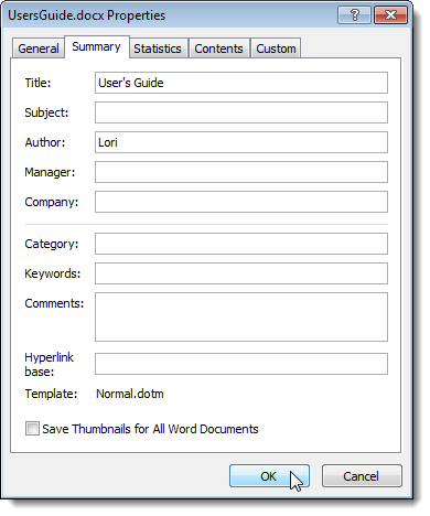 Tab tóm tắt trên Properties hộp thoại Tab tóm tắt trên Properties hộp thoại
