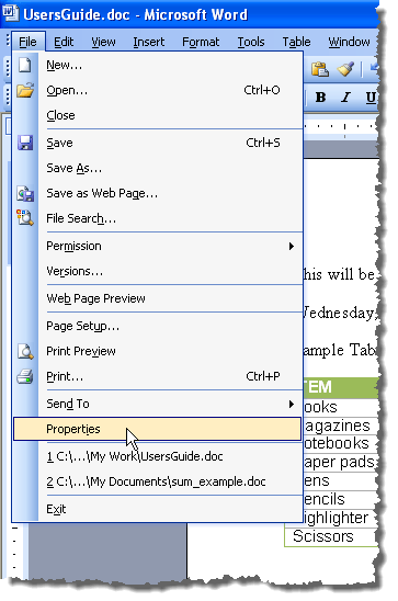 Đang chọn Properties từ menu Chèn trong Word 2003 Đang chọn Properties từ menu Chèn trong Word 2003