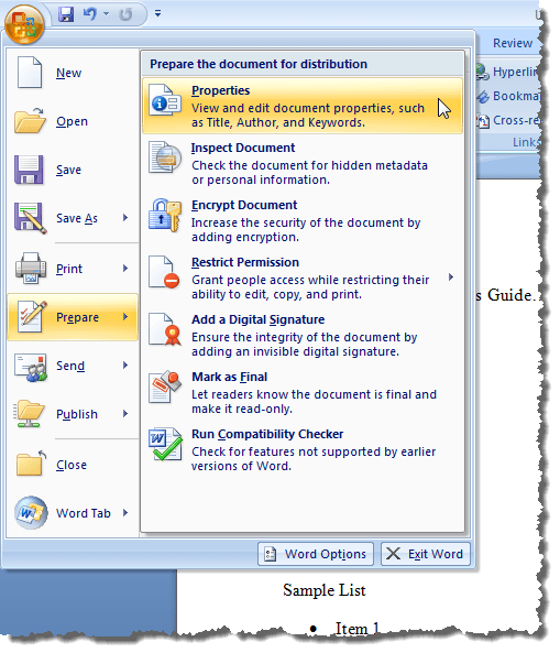 Chọn Chuẩn bị | Properties từ menu Office trong Word 2007 Chọn Chuẩn bị | Properties từ menu Office trong Word 2007