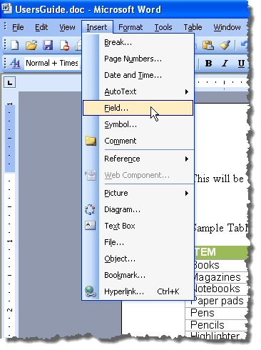 Chọn Trường từ menu Chèn trong Word 2003 Chọn Trường từ menu Chèn trong Word 2003