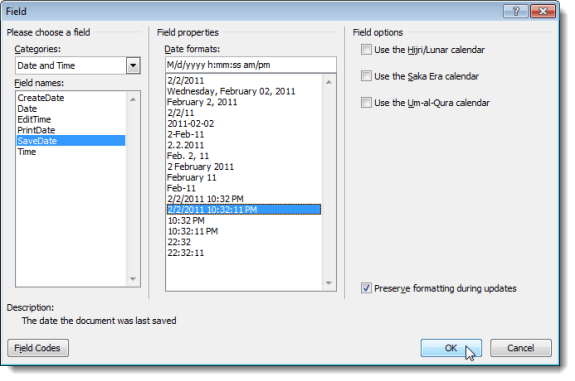 Chọn tên trường SaveDate và định dạng Ngày Chọn tên trường SaveDate và định dạng Ngày