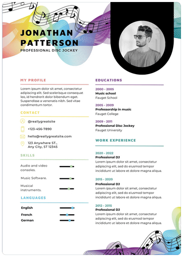 12-canva-resume-templates-for-any-profession-10-nén - Mẹo kỹ thuật trực tuyến Hình ảnh sơ yếu lý lịch của nhạc sĩ hiện đại nhiều màu