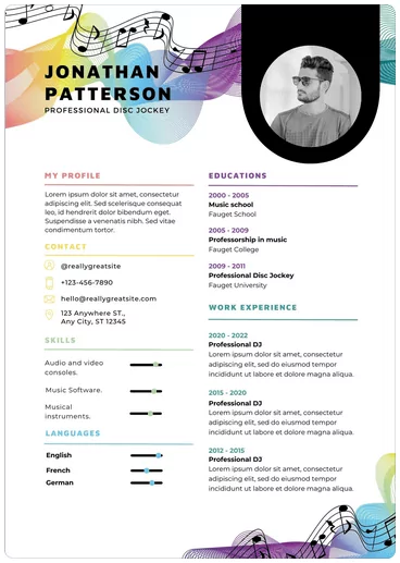 12-canva-resume-templates-for-any-profession-10-nén - Mẹo kỹ thuật trực tuyến Hình ảnh sơ yếu lý lịch của nhạc sĩ hiện đại nhiều màu