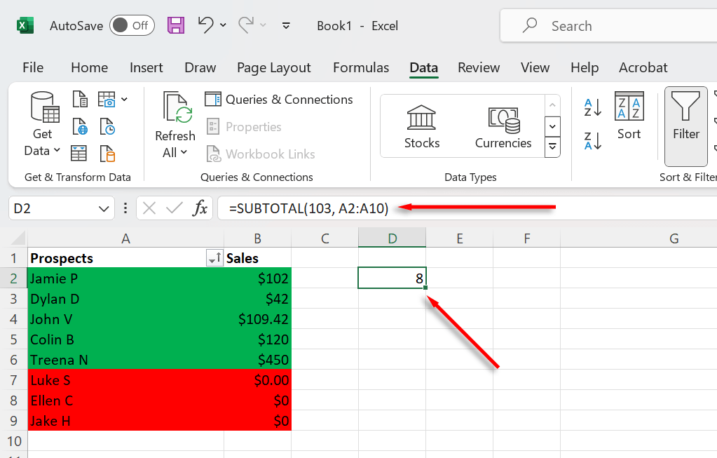 cách đếm-ô-màu-trong-excel-sheet-6-nén - Help Desk Geek Kiểu "=SUBTOTAL(103, A2:A10)"thay thế từng trường bằng dữ liệu liên quan cho trang tính của bạn