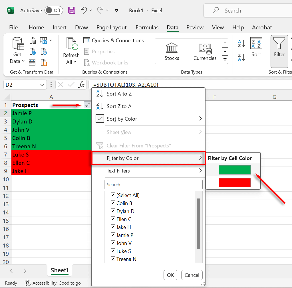 cách đếm-ô-màu-trong-excel-sheet-7-nén - Help Desk Geek Chọn menu thả xuống bộ lọc, chọn Lọc theo màu, sau đó chọn màu