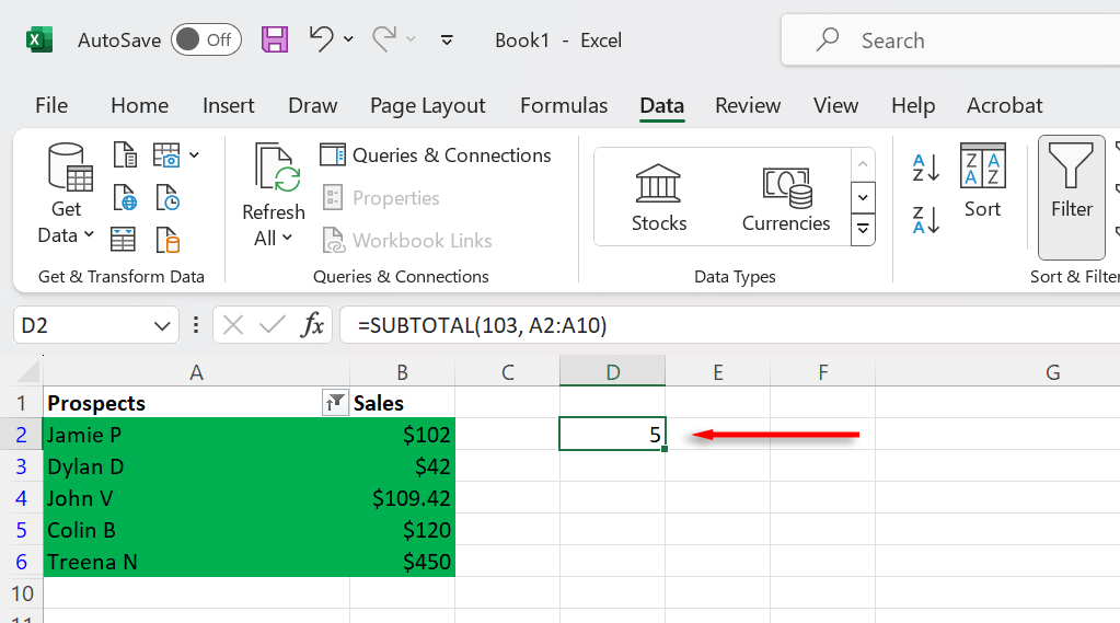 cách đếm-ô-màu-trong-excel-sheet-8-nén - Help Desk Geek Ảnh chụp màn hình hiển thị kết quả cuối cùng của hàm SUBTOTAL