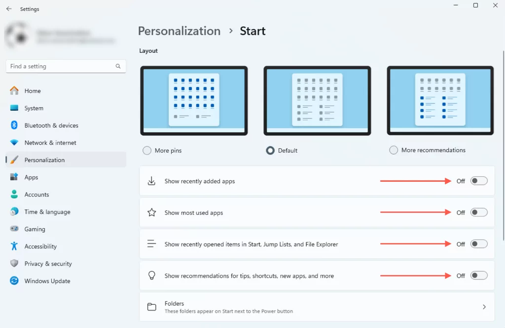 start-menu-recommendations - Bộ phận trợ giúp Geek Các nút bật/tắt đề xuất menu Bắt đầu được đánh dấu trong Settings ứng dụng.