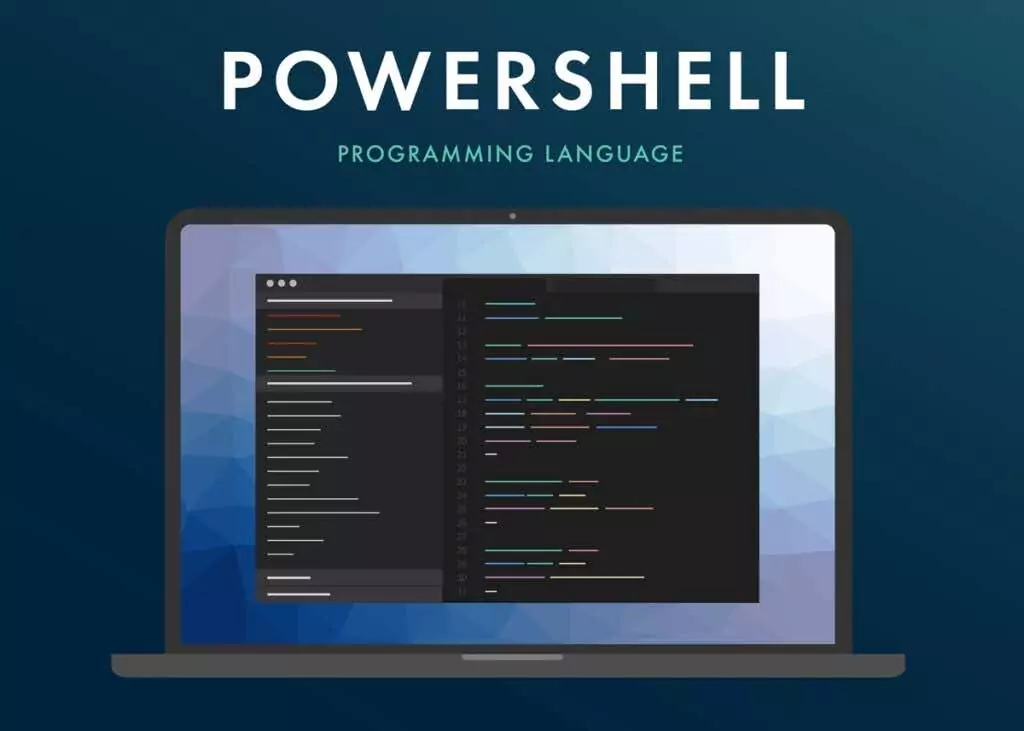 Ngôn ngữ lập trình Powershell. Khái niệm học tập về lập trình mã màn hình máy tính xách tay. Giao diện dòng lệnh với thiết kế phẳng và nền màu tím gradient. - Bàn trợ giúp Geek Mảng PowerShell: Cách tạo và sử dụng chúng hình ảnh 1