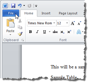 Bấm vào tab Tệp trong Word 2010 Bấm vào tab Tệp trong Word 2010